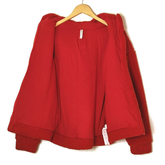 Fabletics Teddy Fleece Jacket Zip Front Hood Sporty Athleisure Cozy Red Size M - Picture 7 of 13